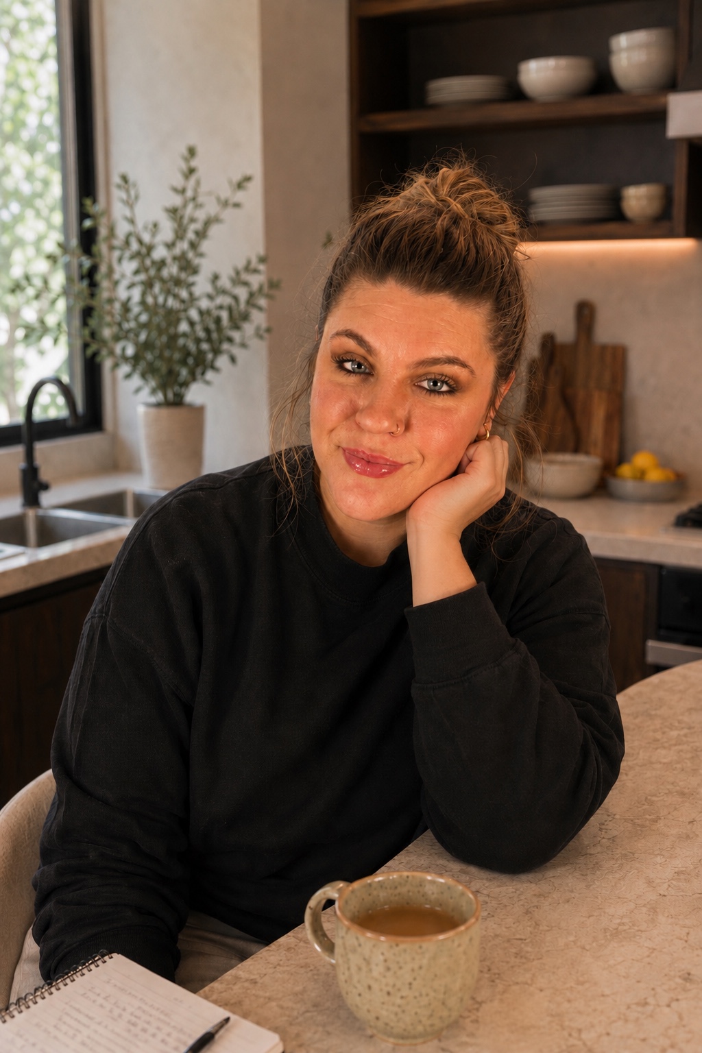 Alexia sentada en su cocina con una taza de café y un cuaderno