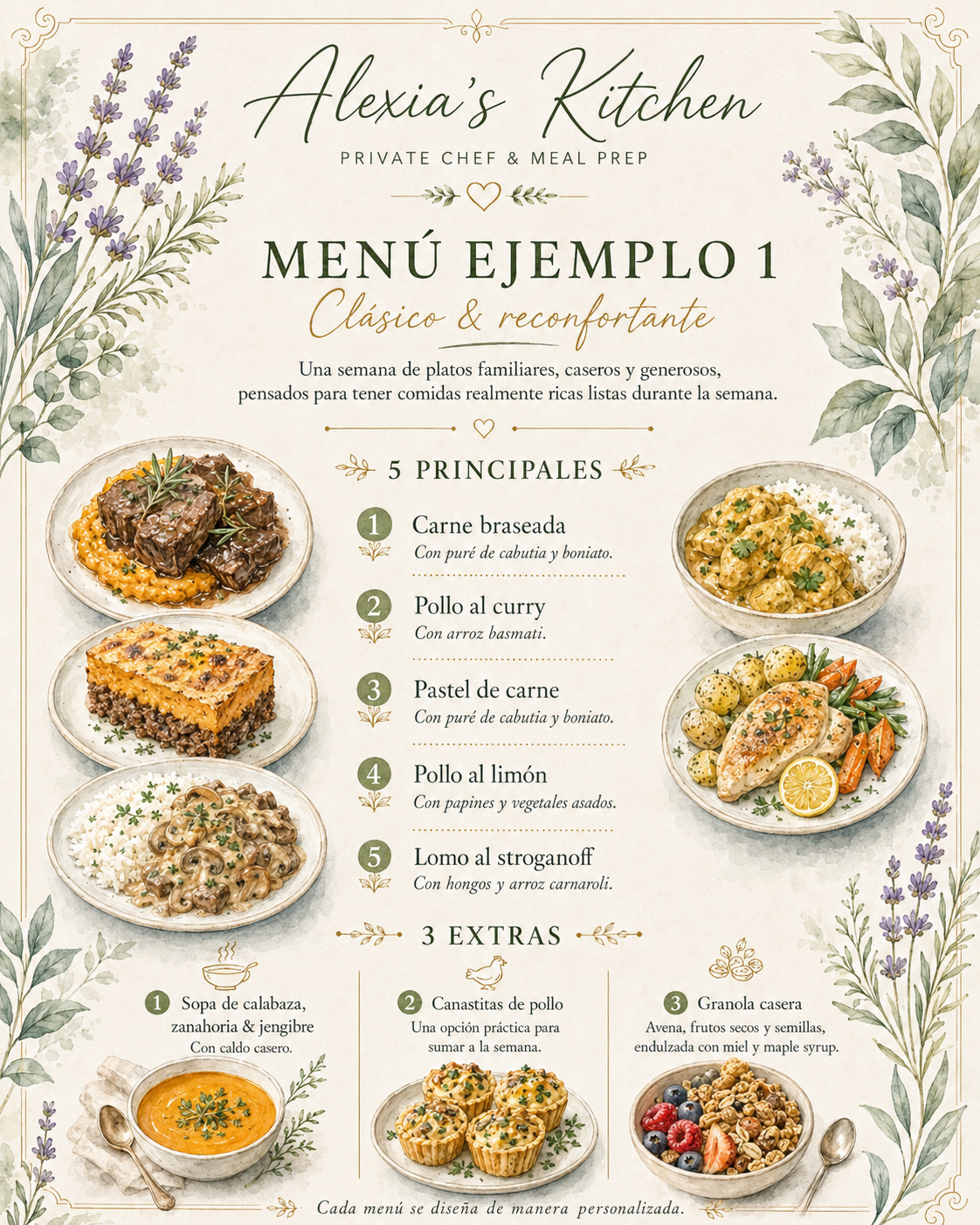 Menú ejemplo clásico y reconfortante con cinco platos principales y tres extras