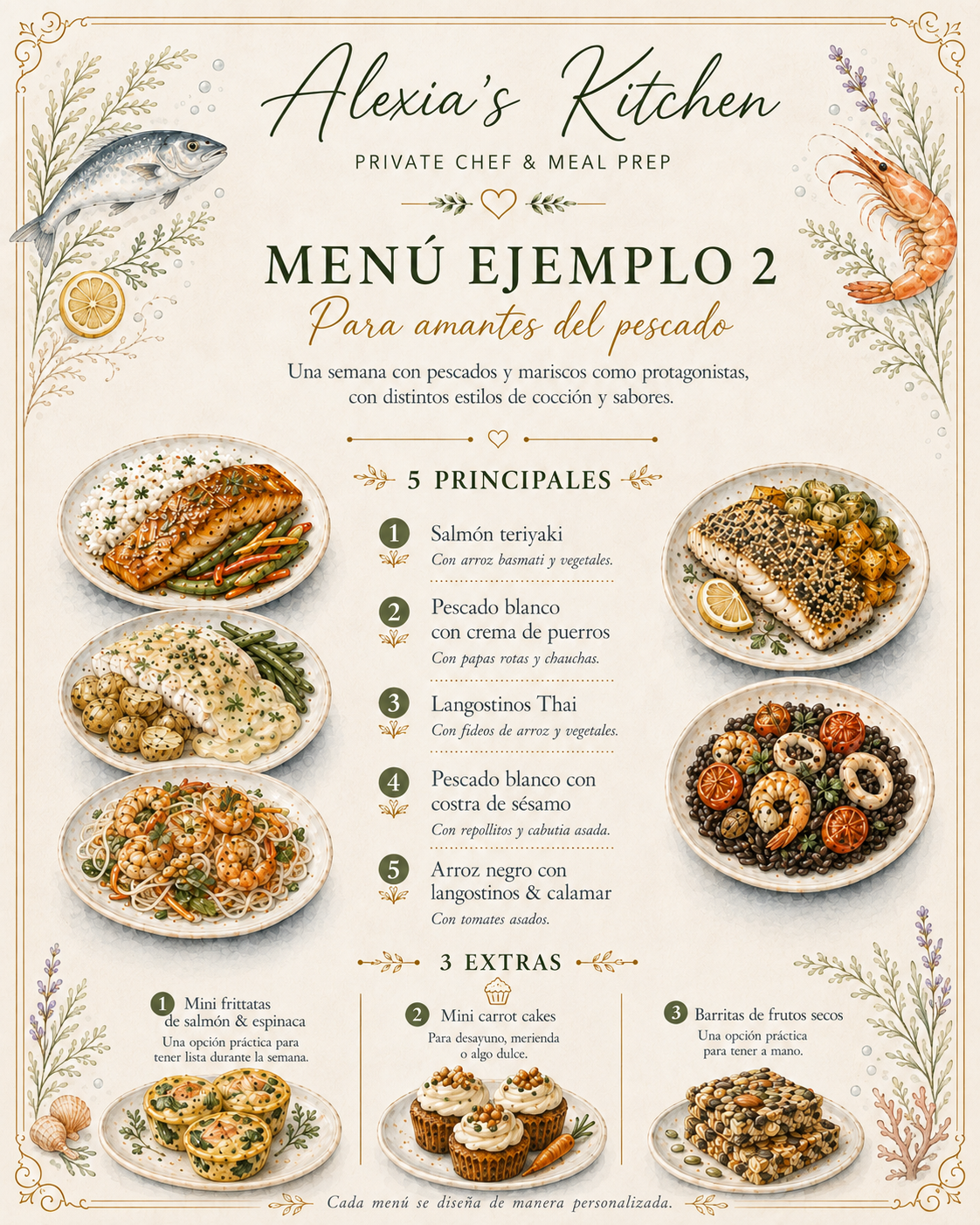 Menú ejemplo para amantes del pescado con cinco platos principales y tres extras